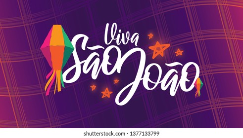 Brazilian Traditional Celebration Festa Junina.  Portuguese Brazilian Text saying Hooray Sao Joao. Festa de Sao Joao. Festive Typographic Vector Art. Colorful composition.