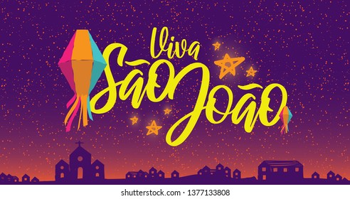 Brazilian Traditional Celebration Festa Junina.  Portuguese Brazilian Text saying Hooray Sao Joao. Festa de Sao Joao. Festive Typographic Vector Art. Colorful composition.