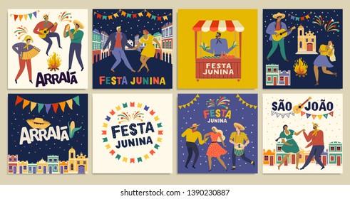 Celebração Tradicional Brasileira Junina. Texto português brasileiro dizendo Vila do Amigo. Festa de São João. Arraia Português Texto Brasileiro dizendo Feira. Arte Vector Tipográfica Festiva.