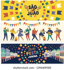 Brazilian Traditional Celebration Festa Junina. Portuguese Brazilian Text saying Friend's Village. Festa de Sao Joao. Arraia Portuguese Brazilian Text saying Fair. Festive Typographic Vector Art.