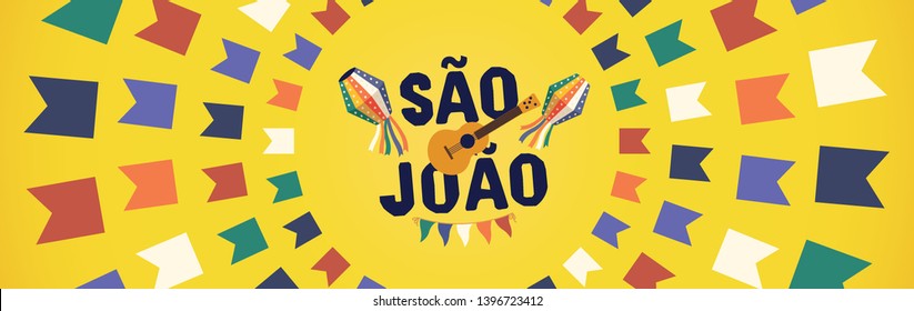 Celebração Tradicional Brasileira Junina. Texto português brasileiro dizendo Hurray São João. Festa de São João. Arte Vector Tipográfica Festiva.