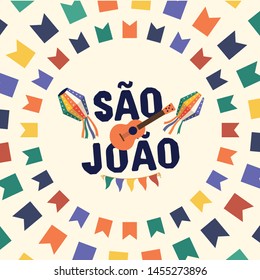 Brazilian Traditional Celebration Festa Junina. Portuguese Brazilian Text translated to "Hurray Saint John". Festa de Sao Joao. Festive Typographic Vector Art.