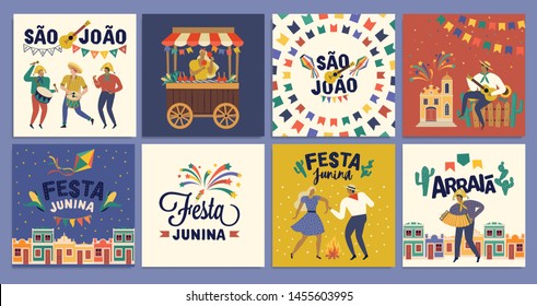 Brazilian Traditional Celebration Festa Junina. Portuguese Brazilian Text saying Friend's Village. Festa de Sao Joao. Arraia Portuguese Brazilian Text saying Fair. Festive Typographic Vector Art.