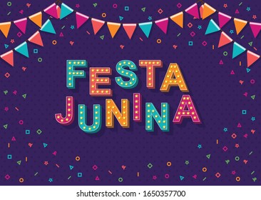 Brazilian Traditional Celebration Festa Junina. Portuguese Brazilian Text Saying Saint John. Festa De Sao Joao. Festive Typographic Vector Art With Retro Light Bulbs Font, Confetti.