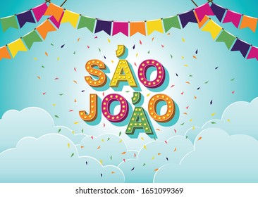 Brazilian Traditional Celebration Festa Junina. Portuguese Brazilian Text Saying Saint John. Festa De Sao Joao. Festive Typographic Vector Art With Retro Light Bulbs Font, Confetti.