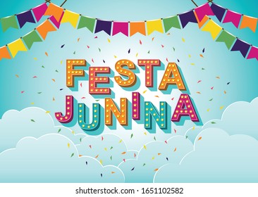 Brazilian Traditional Celebration Festa Junina. Portuguese Brazilian Text Saying Saint John. Festa De Sao Joao. Festive Typographic Vector Art With Retro Light Bulbs Font, Confetti.