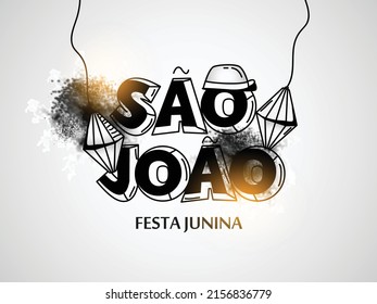 Brazilian Traditional Celebration Festa Junina. Portuguese Brazilian Text saying Friend's Village. Festa de Sao Joao. Arraia Portuguese Brazilian Text saying Fair. Festive Typographic Vector Art.