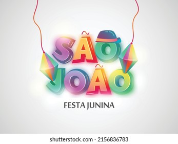 Brazilian Traditional Celebration Festa Junina. Portuguese Brazilian Text saying Friend's Village. Festa de Sao Joao. Arraia Portuguese Brazilian Text saying Fair. Festive Typographic Vector Art.