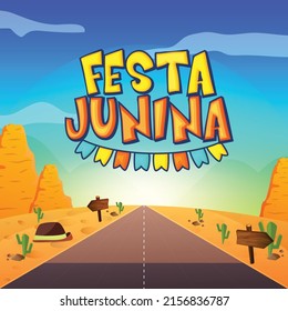 Brazilian Traditional Celebration Festa Junina. Portuguese Brazilian Text saying Friend's Village. Festa de Sao Joao. Arraia Portuguese Brazilian Text saying Fair. Festive Typographic Vector Art.