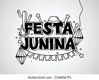 Brazilian Traditional Celebration Festa Junina. Portuguese Brazilian Text saying Friend's Village. Festa de Sao Joao. Arraia Portuguese Brazilian Text saying Fair. Festive Typographic Vector Art.