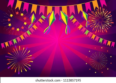 Brazilian Traditional Celebration Festival Festa Junina. Portuguese, Spain, Brazilian Holiday Carnival Portugal 2022 music dances, firework, event festive invitation background firework place for text