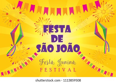 Brazilian Traditional Celebration Festival Festa Junina of São João, St John of Porto - Portuguese Brazilian text translation. Carnival Portugal 2023 Traditional music, dance, firework invitation card