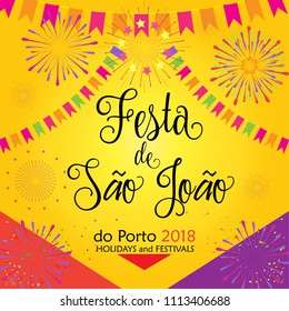 Brazilian Traditional Celebration Festival of St John of Porto - Portuguese Brazilian text translation. Carnival masquerade party banner. Portugal. Traditional music, dances, fireworks, carnival. 2018