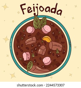 Brazilian traditional food. Feijoada. Vector illustration in hand drawn style