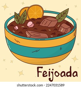 Brazilian traditional food. Feijoada. Vector illustration in hand drawn style