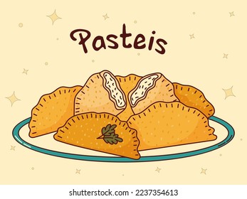 Brazilian traditional food. Pasteis. Vector illustration in hand drawn style