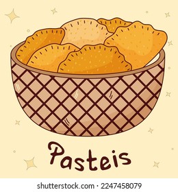 Brazilian traditional food. Pasteis. Vector illustration in hand drawn style