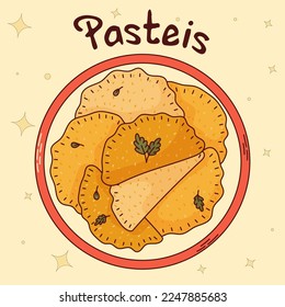 Brazilian traditional food. Pasteis. Vector illustration in hand drawn style