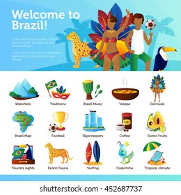 Brazilian traditions landmarks recreational and cultural attractions for tourists flat poster with infographic elements abstract vector illustration