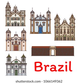 Brazilian travel landmark with architecture of Brazil. Forte do Castelo, Church of Santa Efigenia dos Pretos, Our Lady Of Carmo Basilica, Monastery of St Anthony and Basilica do Bom Jesus do Matosinho