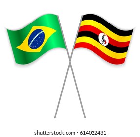 Brazilian and Ugandan crossed flags. Brazil combined with Uganda isolated on white. Language learning, international business or travel concept.