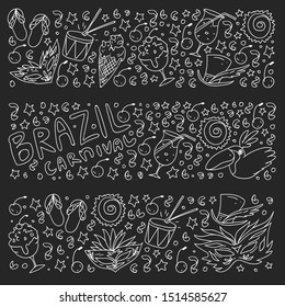 Brazilian vector pattern with palm, beach, sea, carnival. Brazil icons for posters and banners.