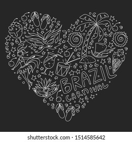 Brazilian vector pattern with palm, beach, sea, carnival. Brazil icons for posters and banners.