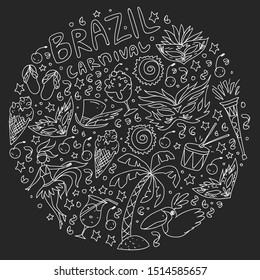 Brazilian vector pattern with palm, beach, sea, carnival. Brazil icons for posters and banners.
