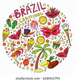 Brazilian vector pattern with palm, beach, sea, carnival. Brazil icons for posters and banners.