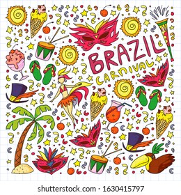 Brazilian vector pattern with palm, beach, sea, carnival. Brazil icons for posters and banners.