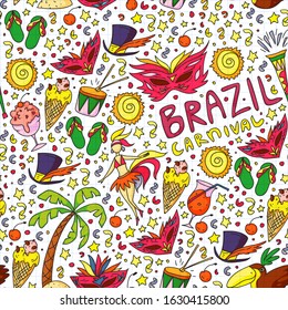 Brazilian vector pattern with palm, beach, sea, carnival. Brazil icons for posters and banners.