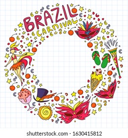 Brazilian vector pattern with palm, beach, sea, carnival. Brazil icons for posters and banners.