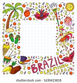Brazilian vector pattern with palm, beach, sea, carnival. Brazil icons for posters and banners.