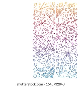 Brazilian vector pattern with palm, beach, firework. Brazil icons for posters and banners.