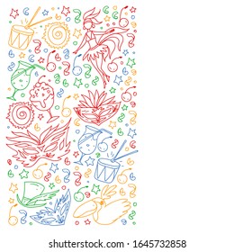 Brazilian vector pattern with palm, beach, firework. Brazil icons for posters and banners.