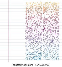 Brazilian vector pattern with palm, beach, firework. Brazil icons for posters and banners.