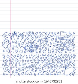 Brazilian vector pattern with palm, beach, firework. Brazil icons for posters and banners.