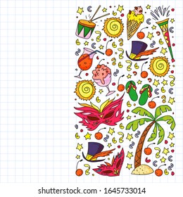 Brazilian vector pattern with palm, beach, firework. Brazil icons for posters and banners.
