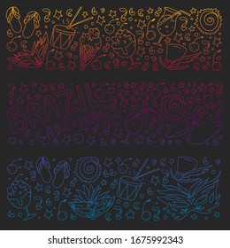 Patrón vectorial brasileño con palma, playa, mar, carnaval. Iconos de Brasil para afiches y pancartas.