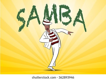 Brazilian white man, Malandro, dancing samba on a yellow background.