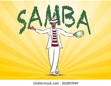 Brazilian white man, Malandro, dancing samba on a yellow background.