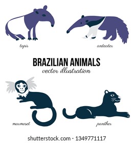 Brazilian wild animal set cartoon character design anteater, tapir, Panther, marmoset, Cute flat vector illustration isolated on white, South America fauna,  decorative icon for zoo alphabet, invite