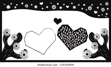 Brazilian woodcut style vector of two hearts and cactus under starry sky