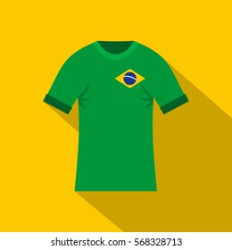 Brazilian yellow and green soccer shirt icon. Flat illustration of brazilian yellow and green soccer shirt vector icon for web on yellow background