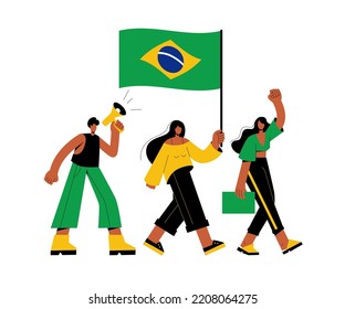 Brasileños portan la bandera de Brasil y protestan. La gente está gritando a través de un megáfono y exigiendo derechos. Detener la violencia