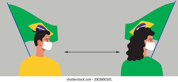 Brasilianer mit der Flagge Brasiliens, die sich in Brasilien absperren. Flache Vektorgrafik. Soziale Distanz der Brasilianer. Menschen in Gesichtsmasken. Pandemie auf dem Lande. Vektorgrafik