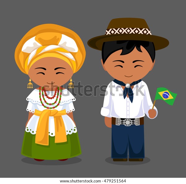 国旗を持つ国民服を着たブラジル人 伝統衣装を着た男女 ブラジルへ旅行 人 ベクターフラットイラスト のベクター画像素材 ロイヤリティフリー