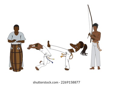 Brazilians from the state of Bahia playing capoeira in the center and one playing atabaque and the other playing berimbau. Vector illustration isolated on white background.