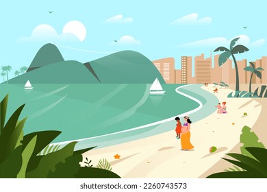 Brasileños caminando por la playa de Ipanema en Río de Janeiro. Arte vector.