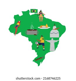 
Brazil's map, illustration of symbols of brazilian culture, brazil flag, brazilian soccer player and carnival dancer.